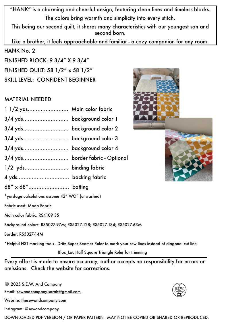 Hank Quilt Pattern- PDF Quilt Pattern for Confident Beginners