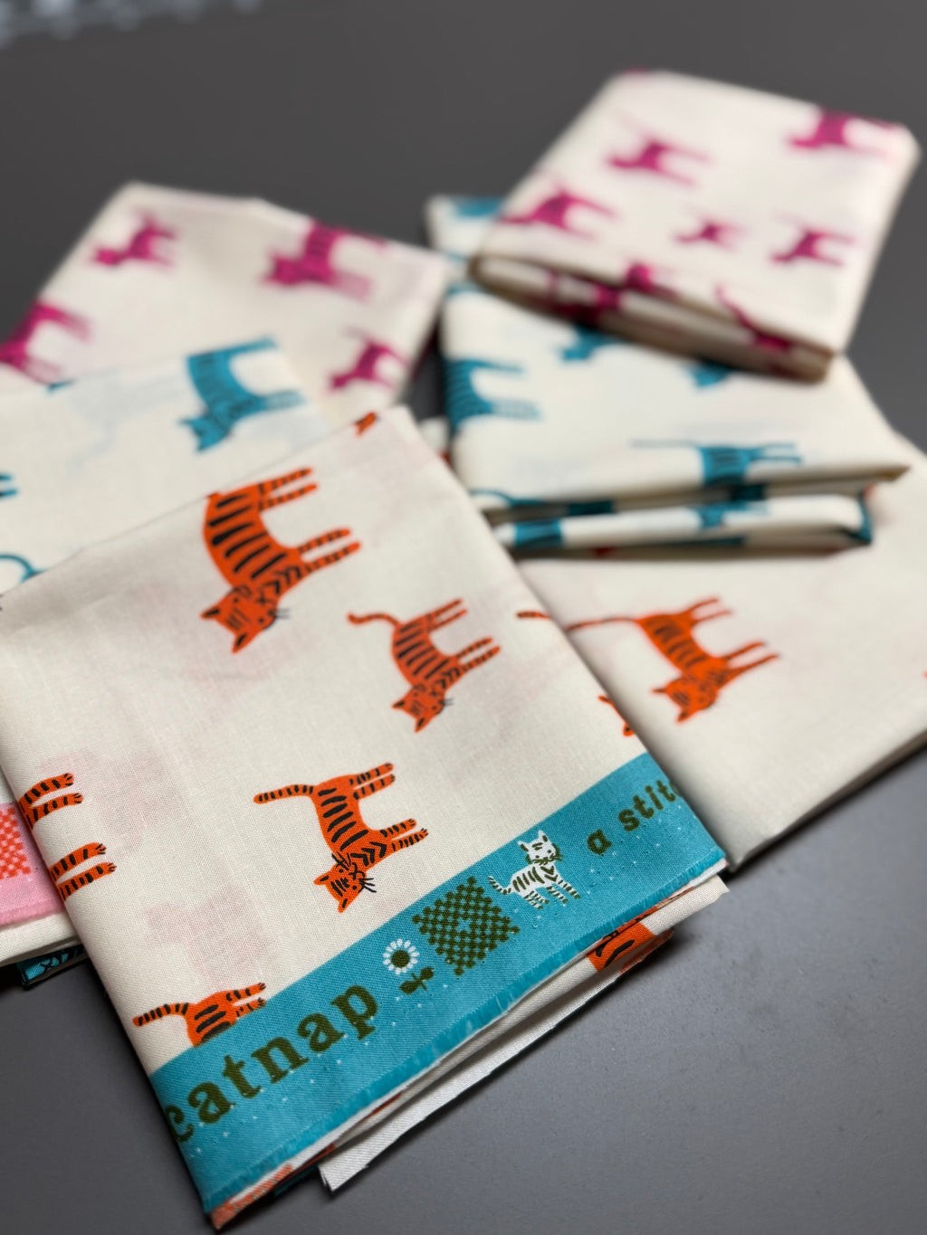 Cat Nap Tigers Trio - Fat Quarter Bundle (Playful, Turquoise, Orange) | Ruby Star Society
