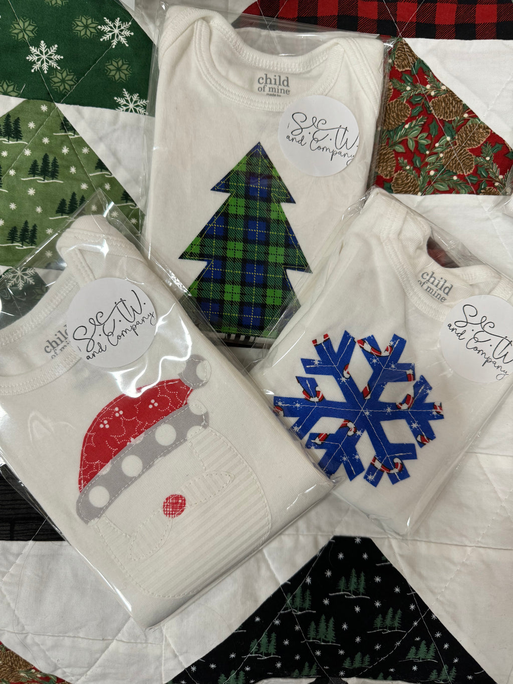Tree Appliqué Baby Onesie - Handmade Plaid Holiday Bodysuit