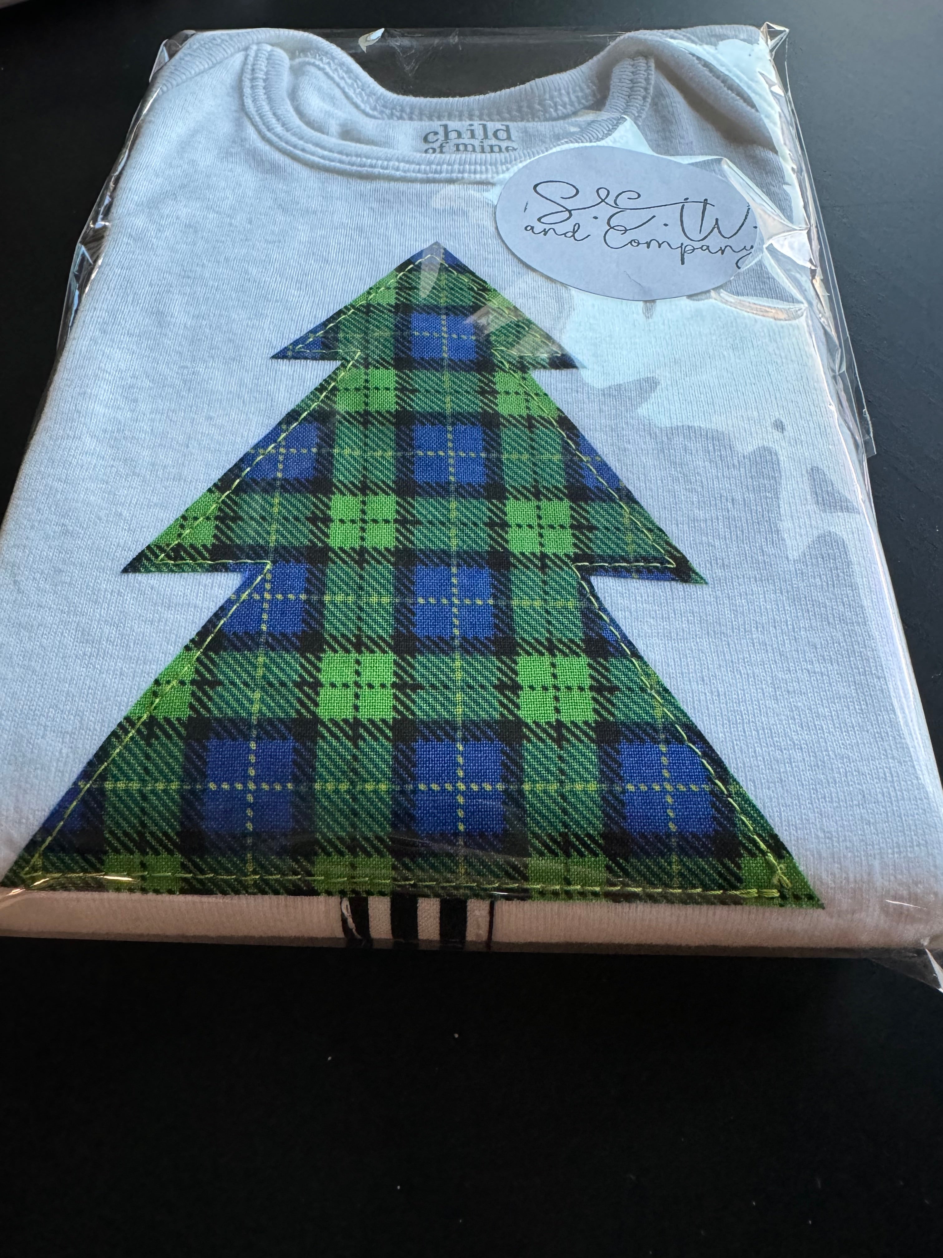 Tree Appliqué Baby Onesie - Handmade Plaid Holiday Bodysuit