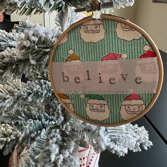 Believe Embroidery Hoop Ornament - Aqua Santa Christmas Decor