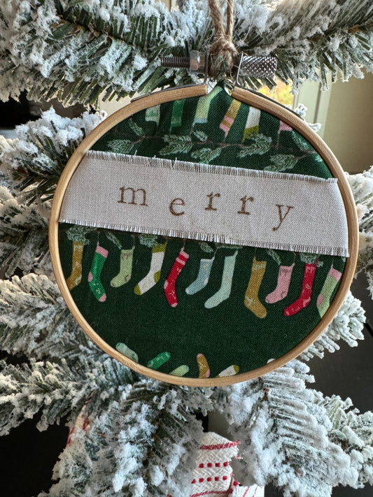Merry Embroidery Hoop Ornament - Handmade Green Christmas Stocking Fabric