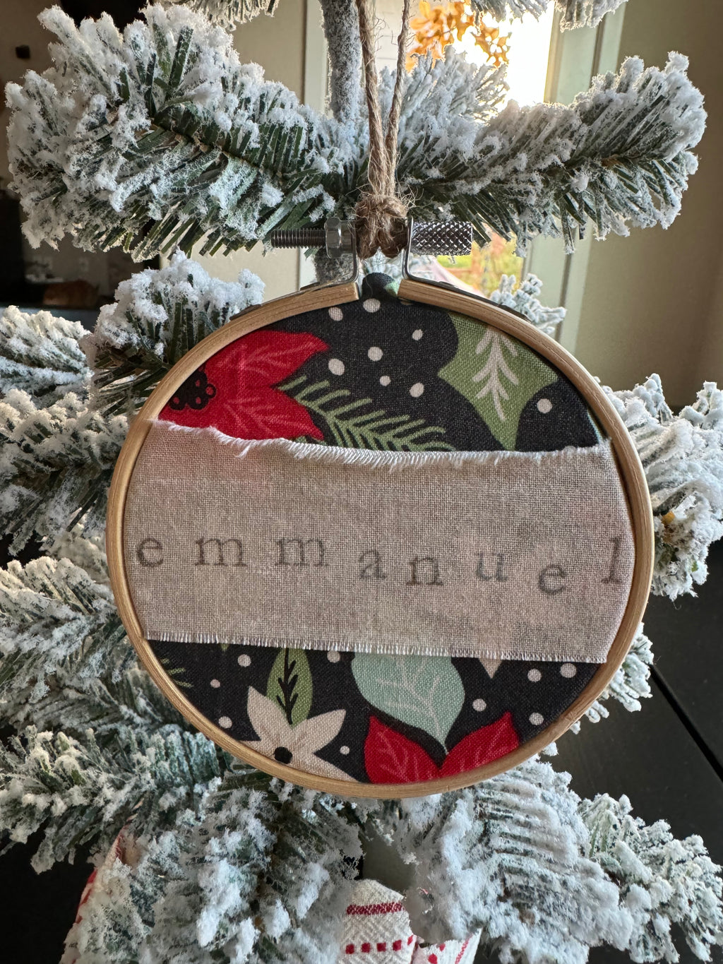 Emmanuel Embroidery Hoop Ornament - Handmade Floral Christmas Decor