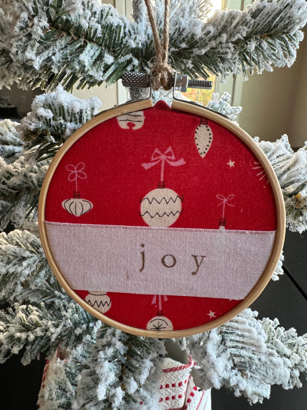 Joy Embroidery Hoop Ornament- Handmade Red Christmas Ornament Fabric