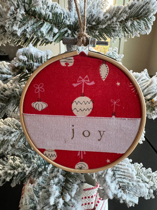 Joy Embroidery Hoop Ornament- Handmade Red Christmas Ornament Fabric