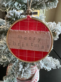 Merry Christmas Embroidery Hoop Ornament - Handmade with Red Scrap Fabric