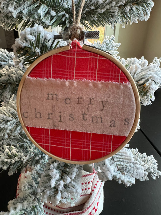Merry Christmas Embroidery Hoop Ornament - Handmade with Red Scrap Fabric