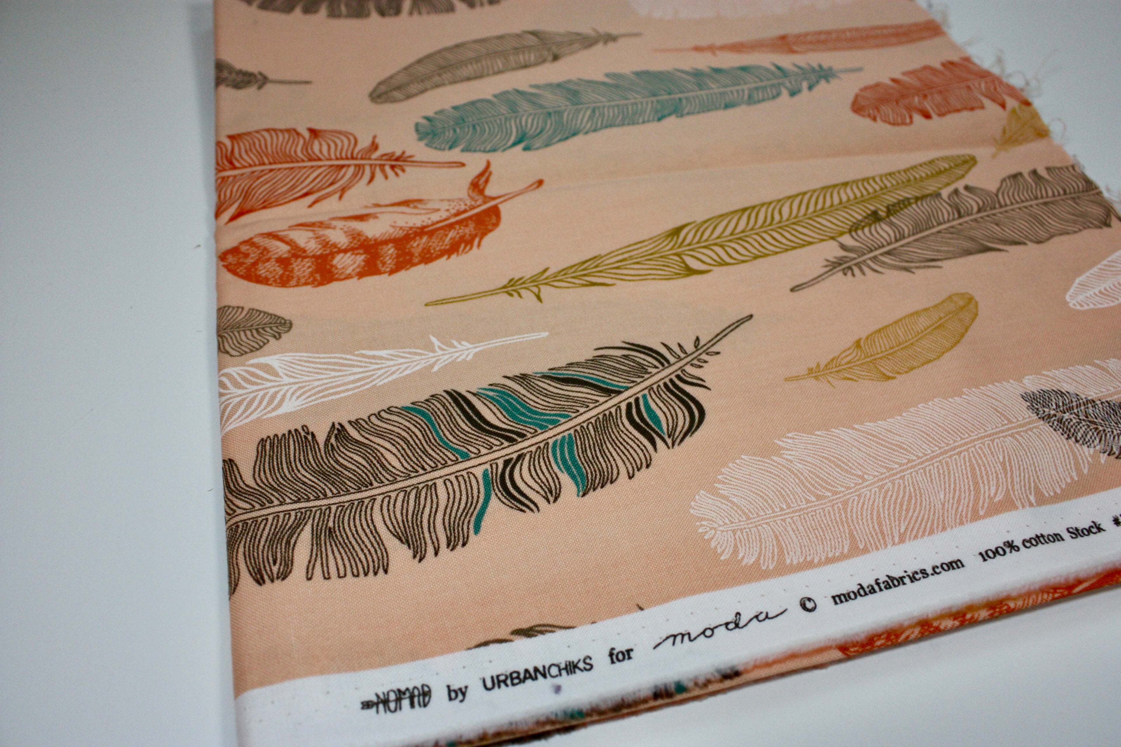 Moda Nomad Fabric - 20” Peach Feather Print by Urban Chicks (OOP)