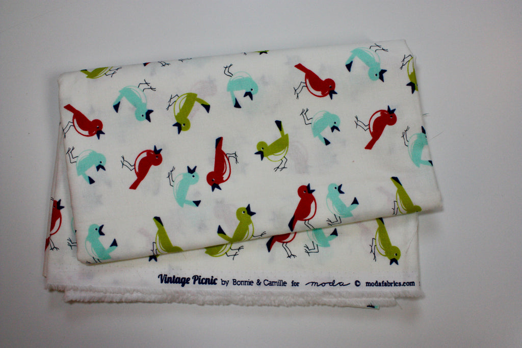 Vintage Picnic Fabric Cut - 1 Yard White Bird Print by Bonnie and Camille for Moda