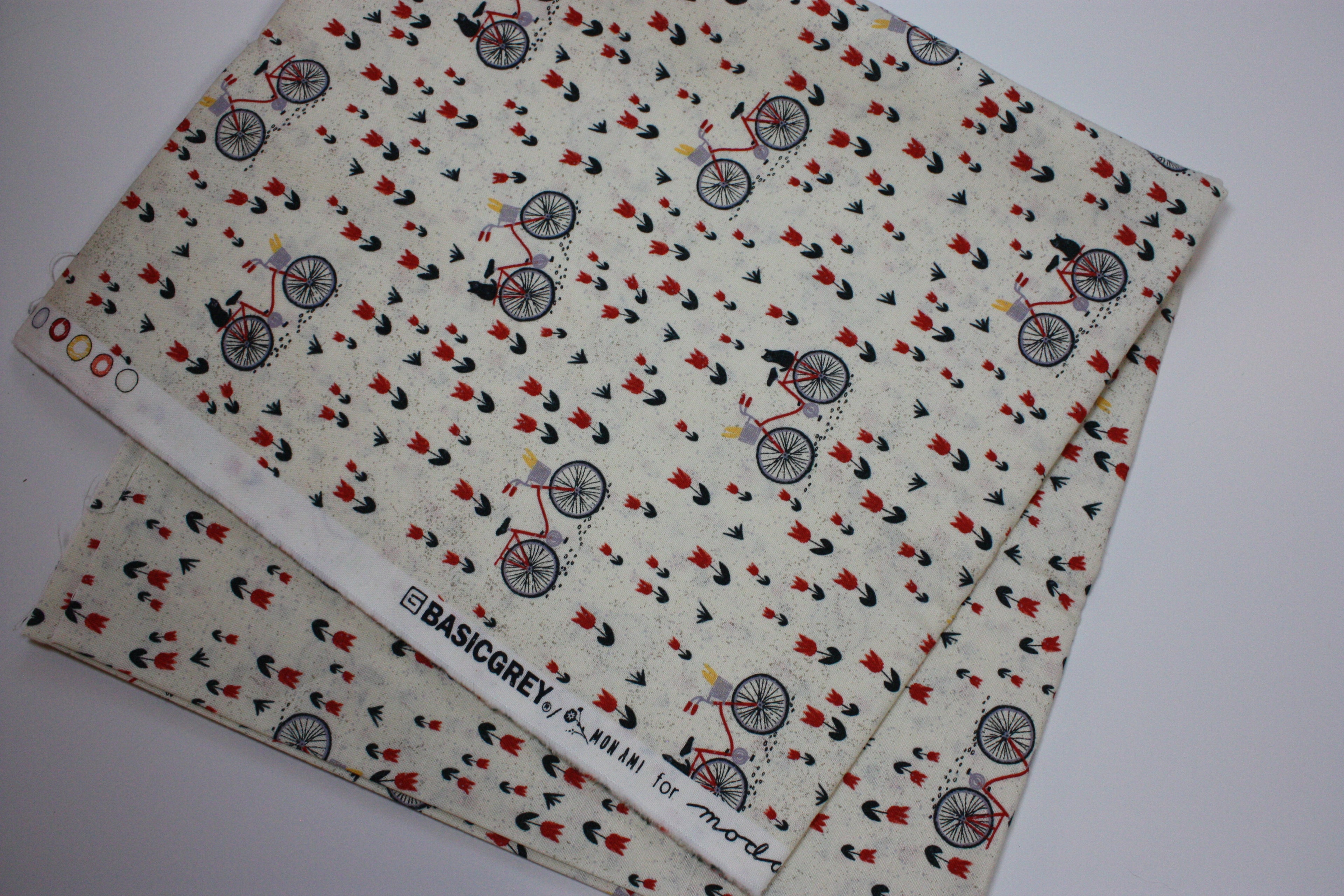 Mon Ami Fabric Cut - 44” x WOF, Off-White Bicycle Print by BasicGrey for Moda