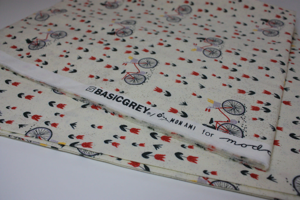Mon Ami Fabric Cut - 44” x WOF, Off-White Bicycle Print by BasicGrey for Moda